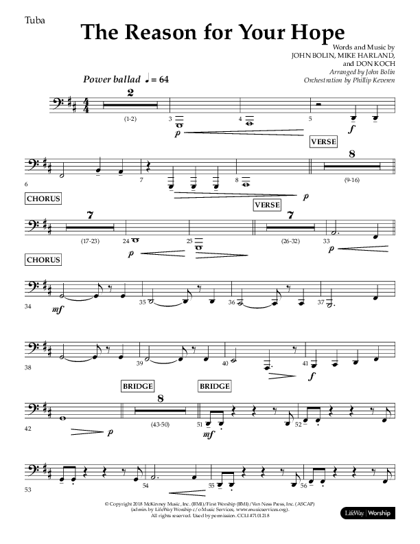 The Reason For Your Hope (Choral Anthem SATB) Tuba (Lifeway Choral / Arr. John Bolin / Orch. Phillip Keveren)