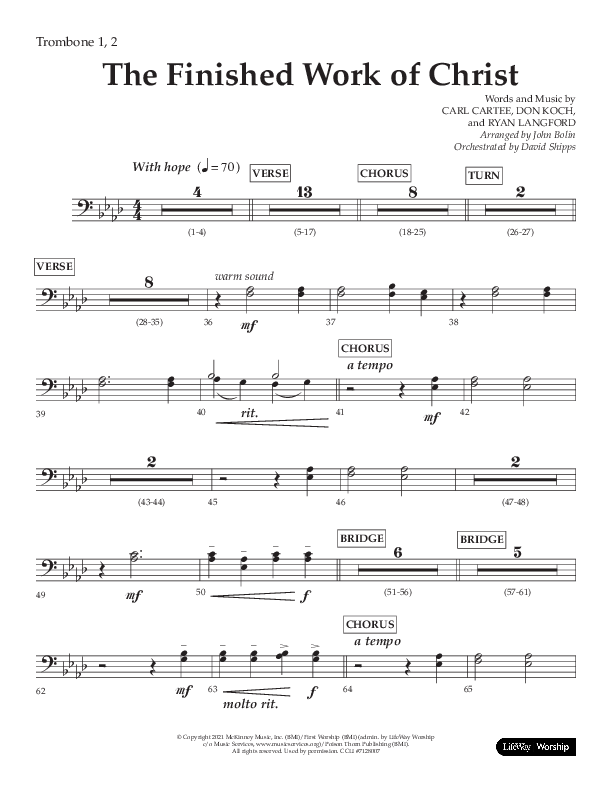 The Finished Work Of Christ (Choral Anthem SATB) Trombone 1/2 (Lifeway Choral / Arr. John Bolin / Orch. David Shipps)