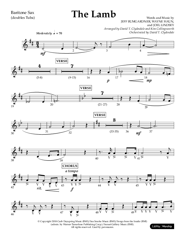 The Lamb (Choral Anthem SATB) Bari Sax (Arr. David T. Clydesdale / Lifeway Choral / Arr. Kim Collingsworth)