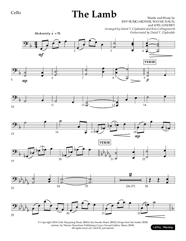 The Lamb (Choral Anthem SATB) Cello (Arr. David T. Clydesdale / Lifeway Choral / Arr. Kim Collingsworth)