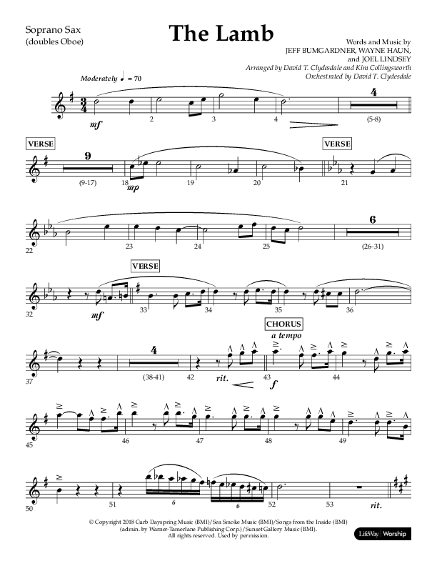 The Lamb (Choral Anthem SATB) Soprano Sax (Arr. David T. Clydesdale / Lifeway Choral / Arr. Kim Collingsworth)