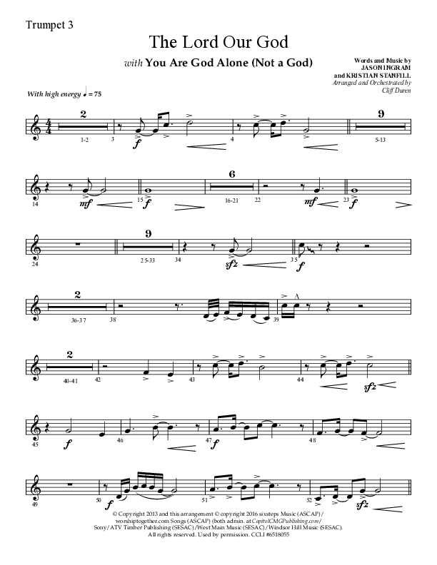 The Lord Our God with You Are God Alone (Not A God) (Choral Anthem SATB) Trumpet 3 (Lifeway Choral / Arr. Cliff Duren)