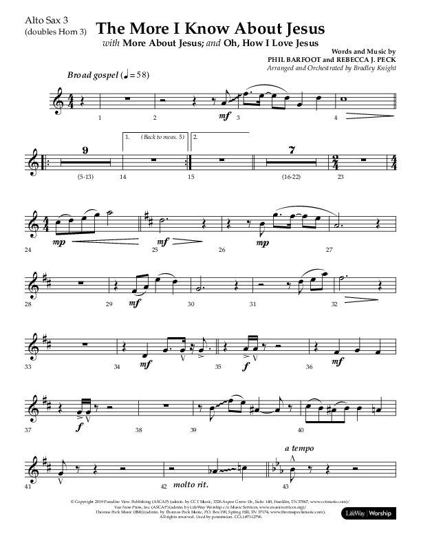 The More I Know About Jesus (with More About Jesus and Oh How I Love Jesus) (Choral Anthem SATB) Alto Sax (Lifeway Choral / Arr. Bradley Knight)