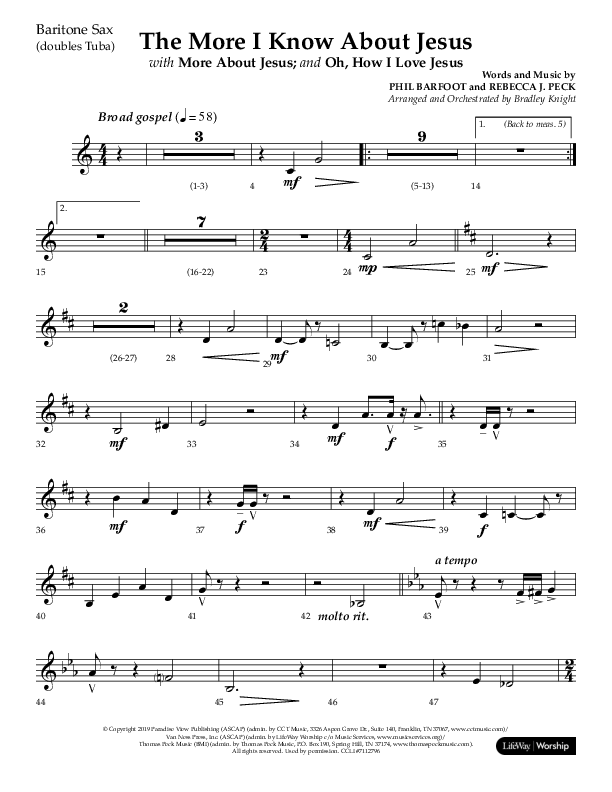 The More I Know About Jesus (with More About Jesus and Oh How I Love Jesus) (Choral Anthem SATB) Bari Sax (Lifeway Choral / Arr. Bradley Knight)