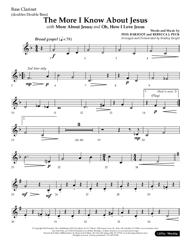 The More I Know About Jesus (with More About Jesus and Oh How I Love Jesus) (Choral Anthem SATB) Bass Clarinet (Lifeway Choral / Arr. Bradley Knight)