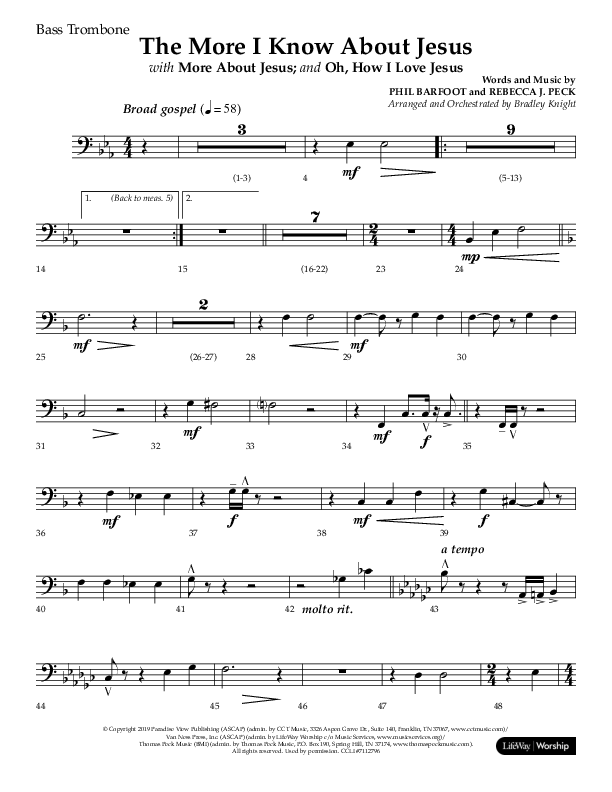 The More I Know About Jesus (with More About Jesus and Oh How I Love Jesus) (Choral Anthem SATB) Bass Trombone (Lifeway Choral / Arr. Bradley Knight)