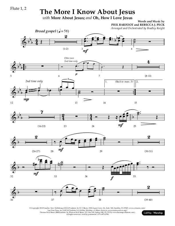 The More I Know About Jesus (with More About Jesus and Oh How I Love Jesus) (Choral Anthem SATB) Flute 1/2 (Lifeway Choral / Arr. Bradley Knight)