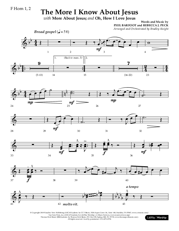 The More I Know About Jesus (with More About Jesus and Oh How I Love Jesus) (Choral Anthem SATB) French Horn 1/2 (Lifeway Choral / Arr. Bradley Knight)