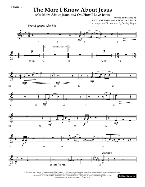 The More I Know About Jesus (with More About Jesus and Oh How I Love Jesus) (Choral Anthem SATB) French Horn 3 (Lifeway Choral / Arr. Bradley Knight)