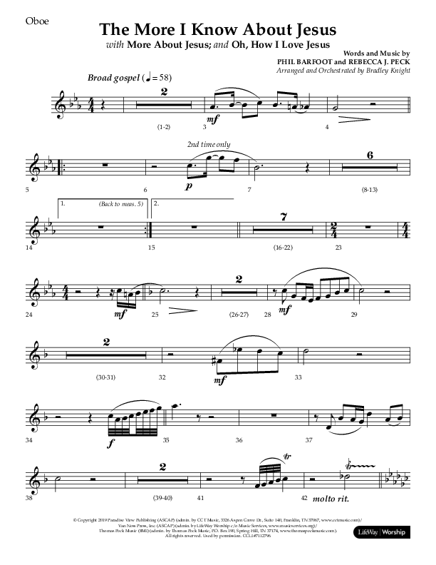 The More I Know About Jesus (with More About Jesus and Oh How I Love Jesus) (Choral Anthem SATB) Oboe (Lifeway Choral / Arr. Bradley Knight)