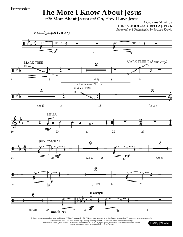 The More I Know About Jesus (with More About Jesus and Oh How I Love Jesus) (Choral Anthem SATB) Percussion (Lifeway Choral / Arr. Bradley Knight)