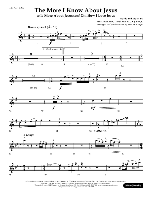 The More I Know About Jesus (with More About Jesus and Oh How I Love Jesus) (Choral Anthem SATB) Tenor Sax 1 (Lifeway Choral / Arr. Bradley Knight)