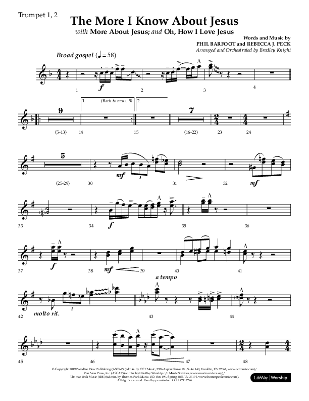 The More I Know About Jesus (with More About Jesus and Oh How I Love Jesus) (Choral Anthem SATB) Trumpet 1,2 (Lifeway Choral / Arr. Bradley Knight)