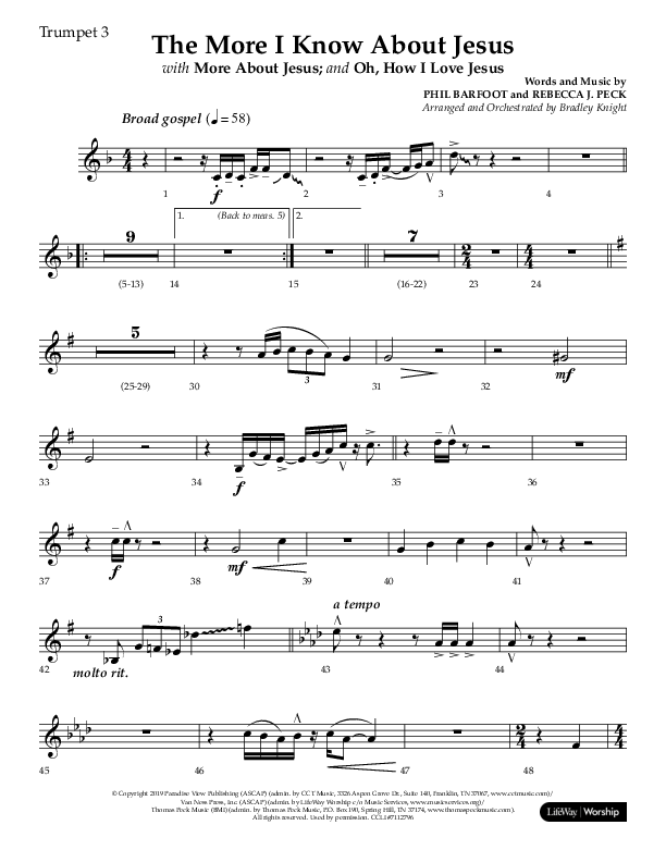 The More I Know About Jesus (with More About Jesus and Oh How I Love Jesus) (Choral Anthem SATB) Trumpet 3 (Lifeway Choral / Arr. Bradley Knight)