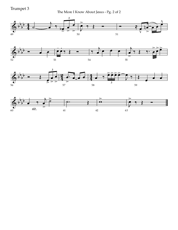 The More I Know About Jesus (with More About Jesus and Oh How I Love Jesus) (Choral Anthem SATB) Trumpet 3 (Lifeway Choral / Arr. Bradley Knight)
