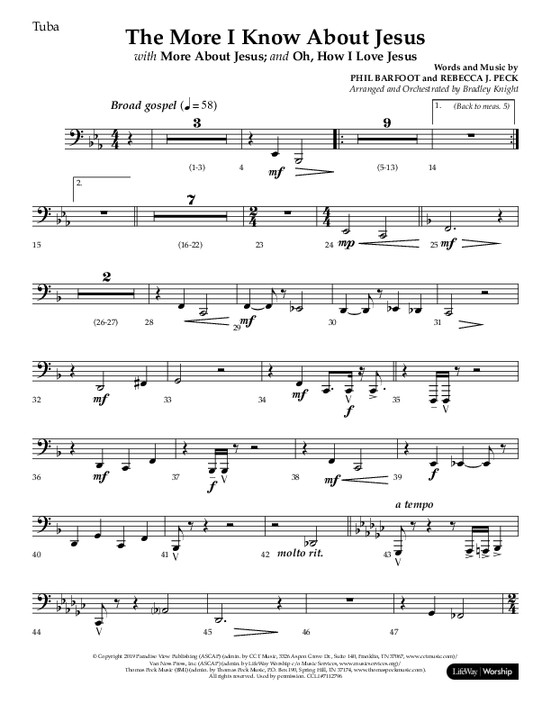 The More I Know About Jesus (with More About Jesus and Oh How I Love Jesus) (Choral Anthem SATB) Tuba (Lifeway Choral / Arr. Bradley Knight)