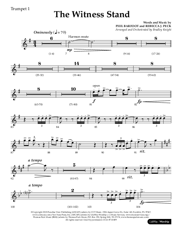 The Witness Stand (Choral Anthem SATB) Trumpet 1 (Lifeway Choral / Arr. Bradley Knight)