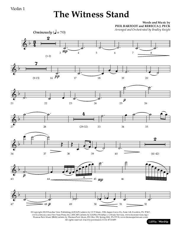The Witness Stand (Choral Anthem SATB) Violin 1 (Lifeway Choral / Arr. Bradley Knight)