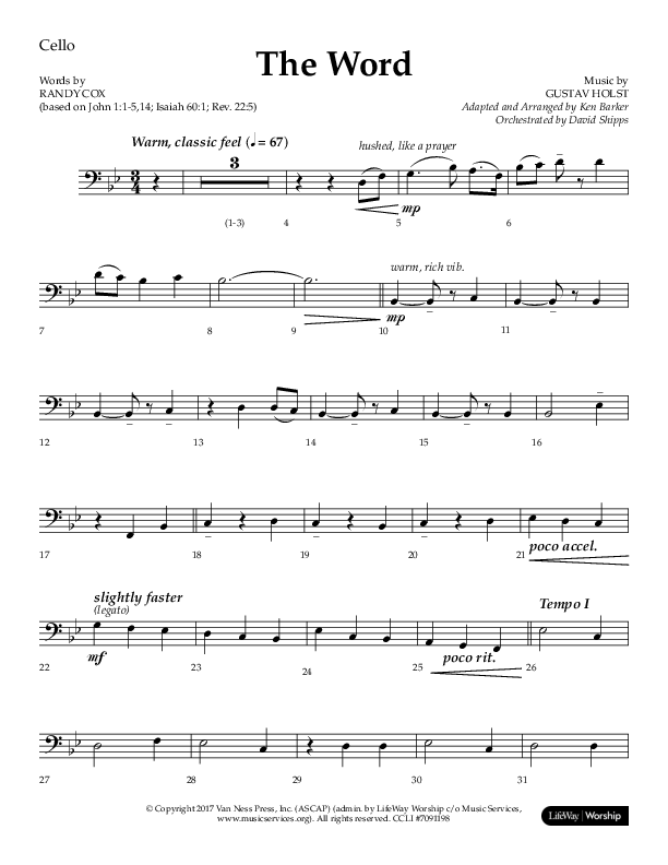 The Word (Choral Anthem SATB) Cello (Lifeway Choral / Arr. Ken Barker / Orch. David Shipps)
