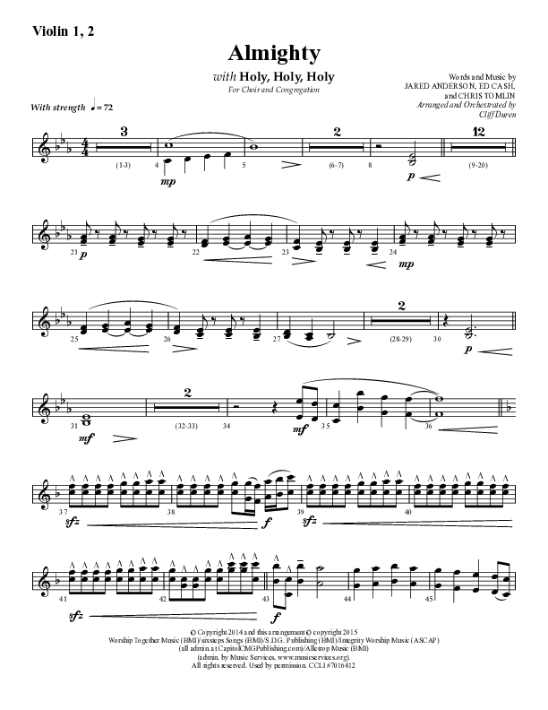 Almighty with Holy Holy Holy (Choral Anthem SATB) Violin 1/2 (Lifeway Choral / Arr. Cliff Duren)
