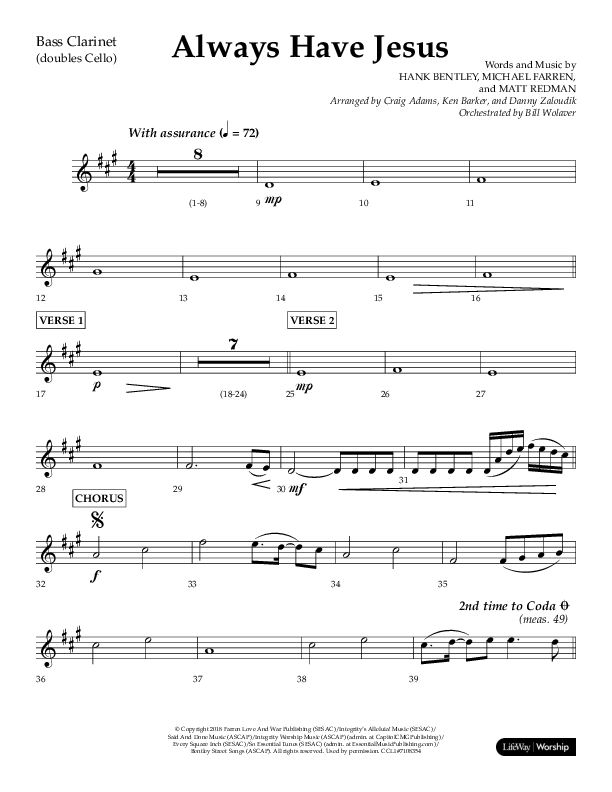 Always Have Jesus (Choral Anthem SATB) Bass Clarinet (Lifeway Choral / Arr. Craig Adams / Arr. Ken Barker / Arr. Danny Zaloudik / Orch. Bill Wolaver)