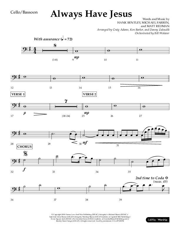 Always Have Jesus (Choral Anthem SATB) Cello (Lifeway Choral / Arr. Craig Adams / Arr. Ken Barker / Arr. Danny Zaloudik / Orch. Bill Wolaver)
