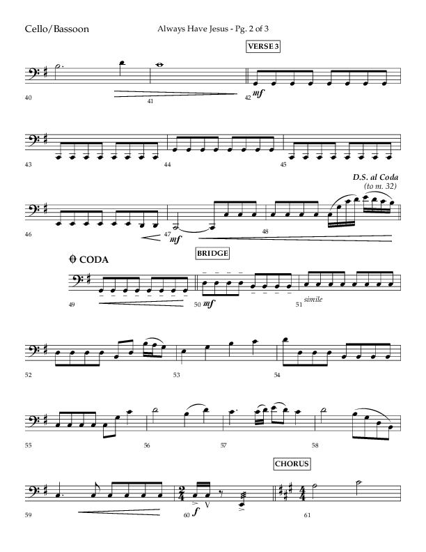 Always Have Jesus (Choral Anthem SATB) Cello (Lifeway Choral / Arr. Craig Adams / Arr. Ken Barker / Arr. Danny Zaloudik / Orch. Bill Wolaver)
