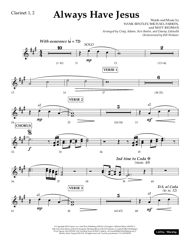 Always Have Jesus (Choral Anthem SATB) Clarinet 1/2 (Lifeway Choral / Arr. Craig Adams / Arr. Ken Barker / Arr. Danny Zaloudik / Orch. Bill Wolaver)