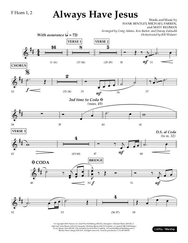 Always Have Jesus (Choral Anthem SATB) French Horn 1/2 (Lifeway Choral / Arr. Craig Adams / Arr. Ken Barker / Arr. Danny Zaloudik / Orch. Bill Wolaver)