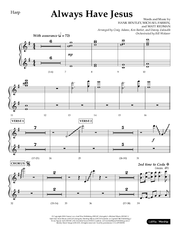 Always Have Jesus (Choral Anthem SATB) Harp (Lifeway Choral / Arr. Craig Adams / Arr. Ken Barker / Arr. Danny Zaloudik / Orch. Bill Wolaver)