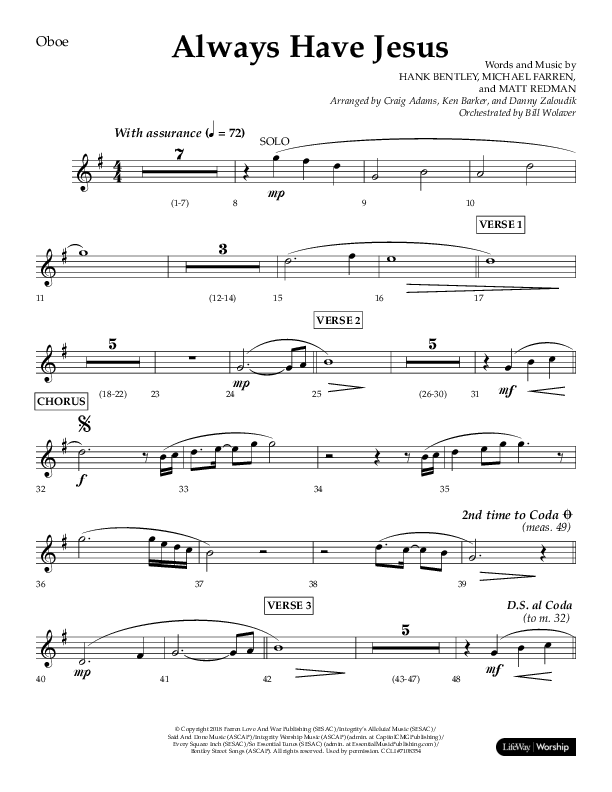 Always Have Jesus (Choral Anthem SATB) Oboe (Lifeway Choral / Arr. Craig Adams / Arr. Ken Barker / Arr. Danny Zaloudik / Orch. Bill Wolaver)