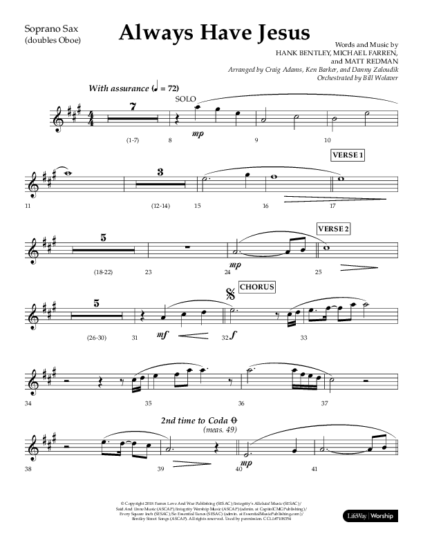 Always Have Jesus (Choral Anthem SATB) Soprano Sax (Lifeway Choral / Arr. Craig Adams / Arr. Ken Barker / Arr. Danny Zaloudik / Orch. Bill Wolaver)