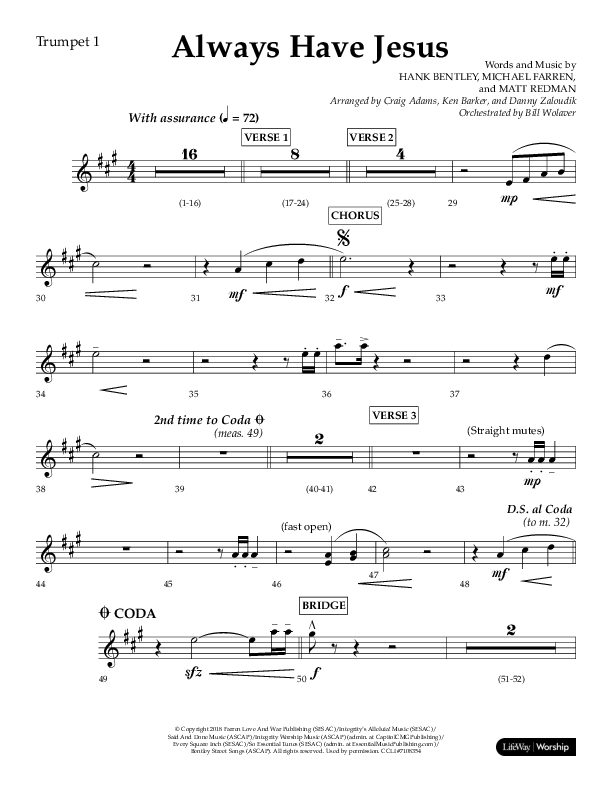 Always Have Jesus (Choral Anthem SATB) Trumpet 1 (Lifeway Choral / Arr. Craig Adams / Arr. Ken Barker / Arr. Danny Zaloudik / Orch. Bill Wolaver)