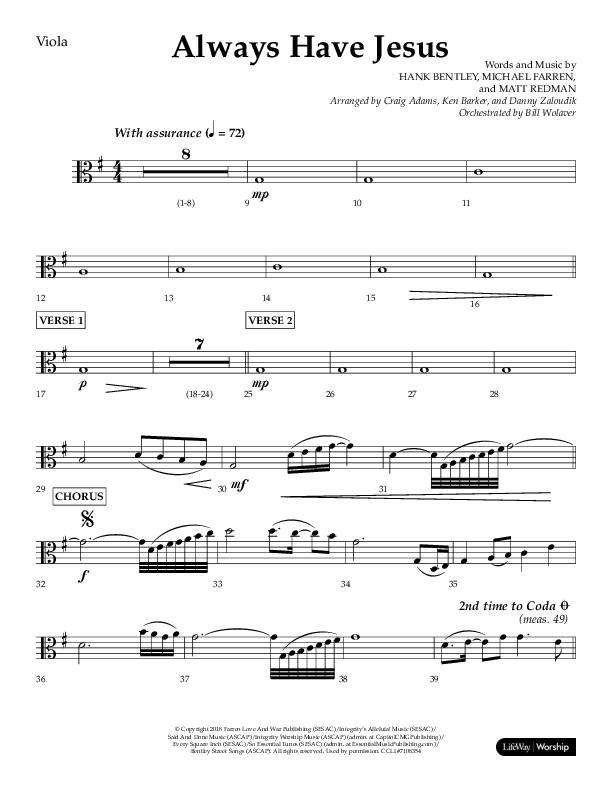 Always Have Jesus (Choral Anthem SATB) Viola (Lifeway Choral / Arr. Craig Adams / Arr. Ken Barker / Arr. Danny Zaloudik / Orch. Bill Wolaver)