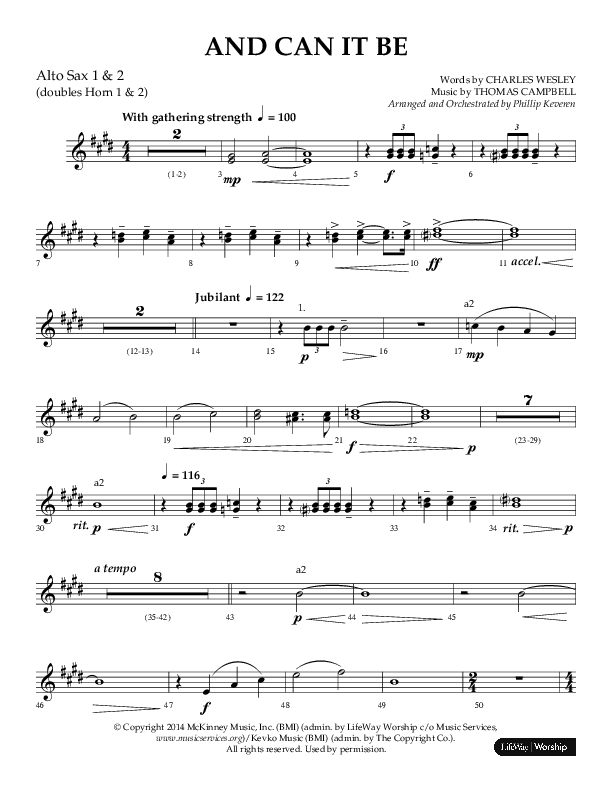 And Can It Be (Choral Anthem SATB) Alto Sax 1/2 (Lifeway Choral / Arr. Phillip Keveren)