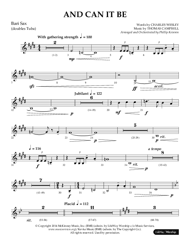 And Can It Be (Choral Anthem SATB) Bari Sax (Lifeway Choral / Arr. Phillip Keveren)
