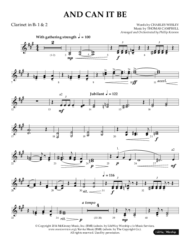 And Can It Be (Choral Anthem SATB) Clarinet 1/2 (Lifeway Choral / Arr. Phillip Keveren)