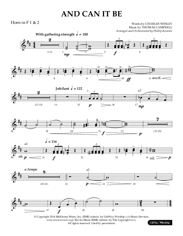 And Can It Be (Choral Anthem SATB) French Horn 1/2 (Lifeway Choral / Arr. Phillip Keveren)
