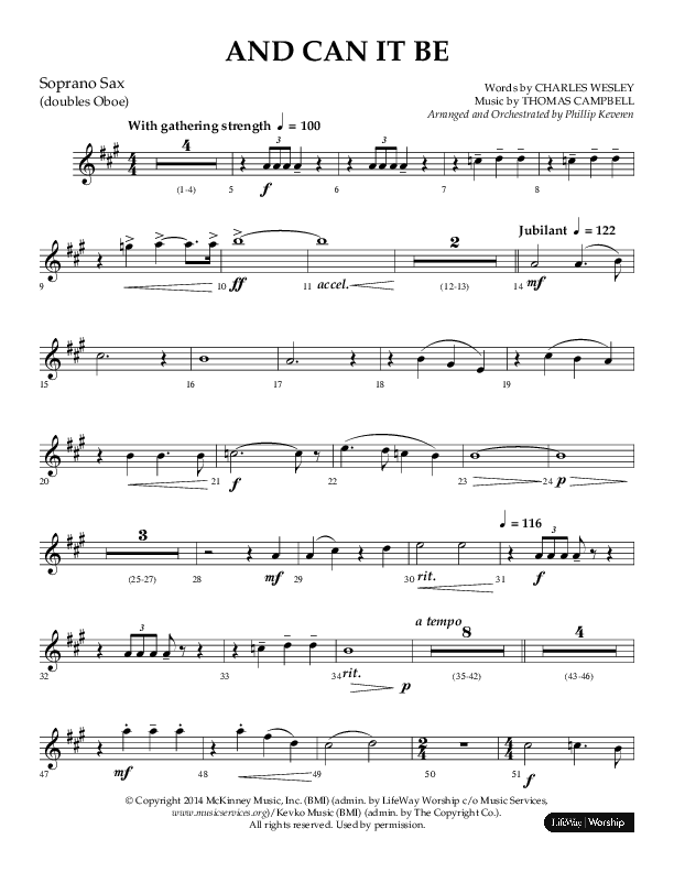 And Can It Be (Choral Anthem SATB) Soprano Sax (Lifeway Choral / Arr. Phillip Keveren)