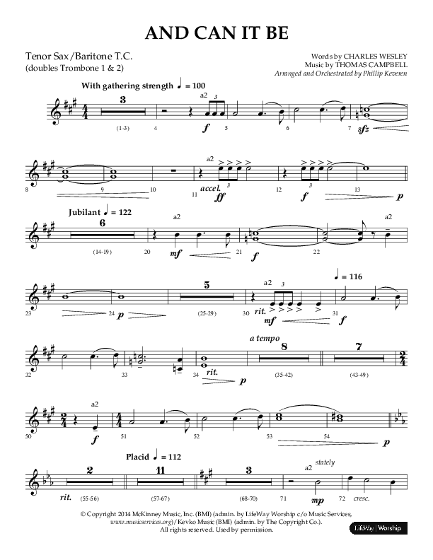 And Can It Be (Choral Anthem SATB) Tenor Sax/Baritone T.C. (Lifeway Choral / Arr. Phillip Keveren)