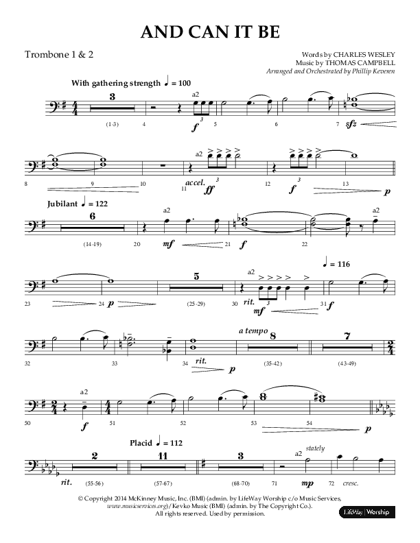 And Can It Be (Choral Anthem SATB) Trombone 1/2 (Lifeway Choral / Arr. Phillip Keveren)