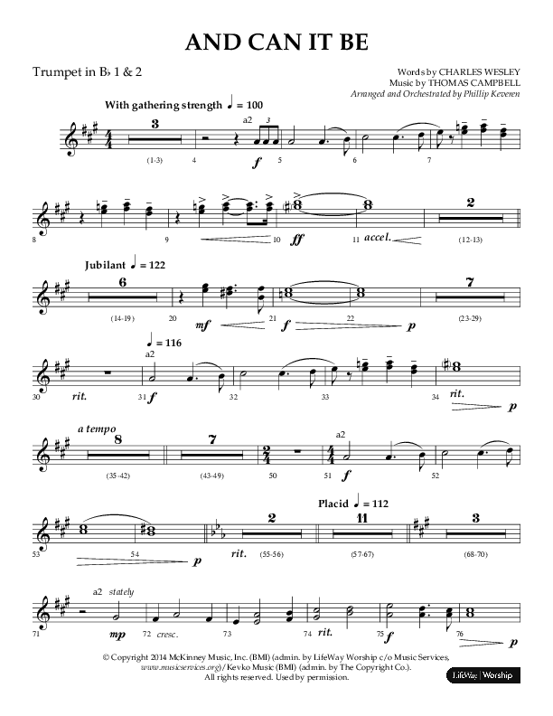 And Can It Be (Choral Anthem SATB) Trumpet 1,2 (Lifeway Choral / Arr. Phillip Keveren)