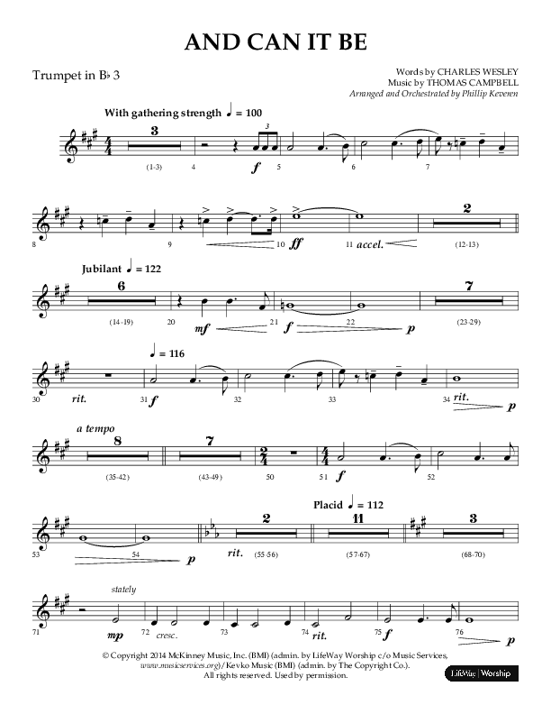And Can It Be (Choral Anthem SATB) Trumpet 3 (Lifeway Choral / Arr. Phillip Keveren)