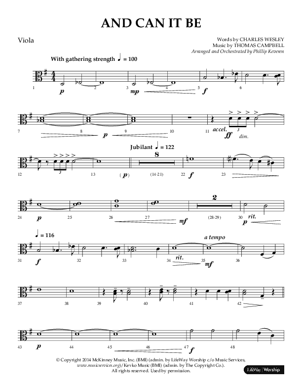And Can It Be (Choral Anthem SATB) Viola (Lifeway Choral / Arr. Phillip Keveren)