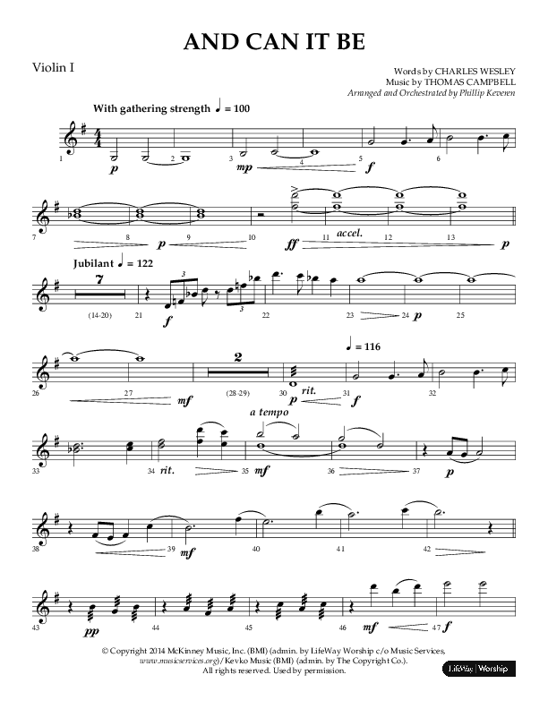 And Can It Be (Choral Anthem SATB) Violin 1 (Lifeway Choral / Arr. Phillip Keveren)