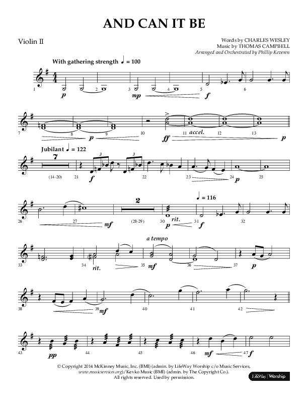 And Can It Be (Choral Anthem SATB) Violin 2 (Lifeway Choral / Arr. Phillip Keveren)