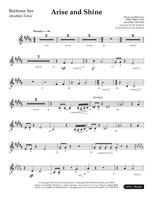 Arise And Shine (Choral Anthem SATB) Bari Sax (Lifeway Choral / Arr. Kirk Kirkland / Orch. Camp Kirkland)