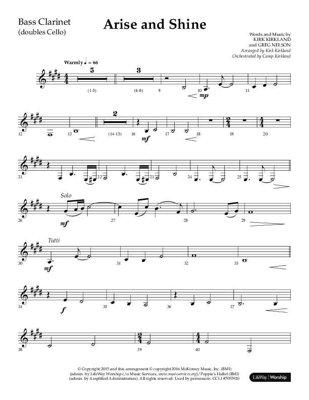 Arise And Shine (Choral Anthem SATB) Bass Clarinet (Lifeway Choral / Arr. Kirk Kirkland / Orch. Camp Kirkland)