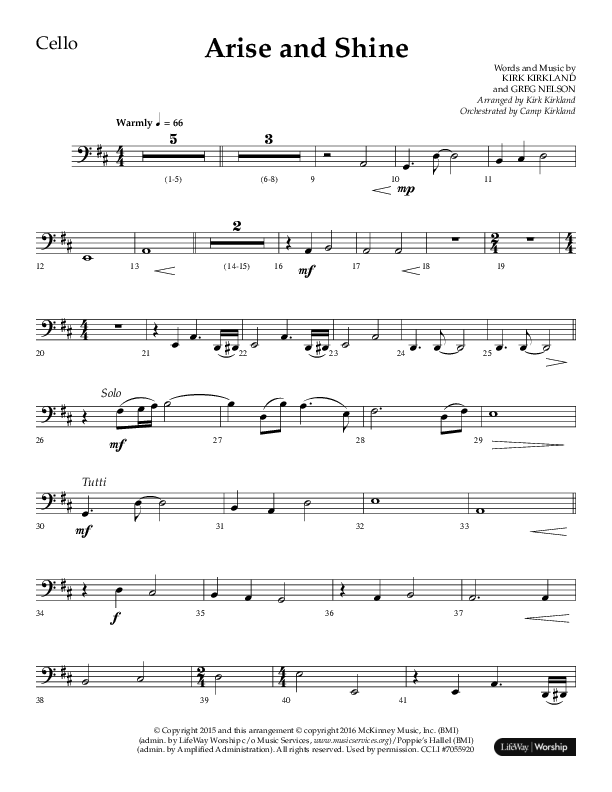 Arise And Shine (Choral Anthem SATB) Cello (Lifeway Choral / Arr. Kirk Kirkland / Orch. Camp Kirkland)