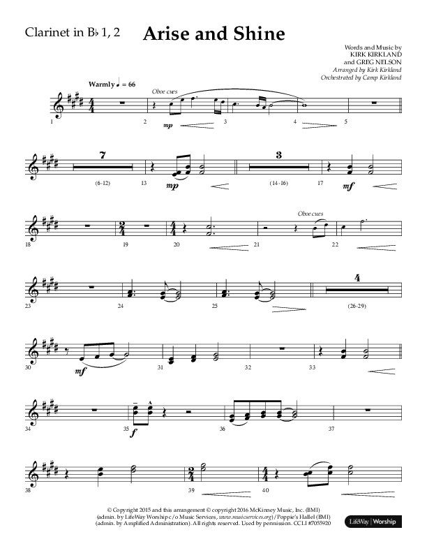 Arise And Shine (Choral Anthem SATB) Clarinet 1/2 (Lifeway Choral / Arr. Kirk Kirkland / Orch. Camp Kirkland)